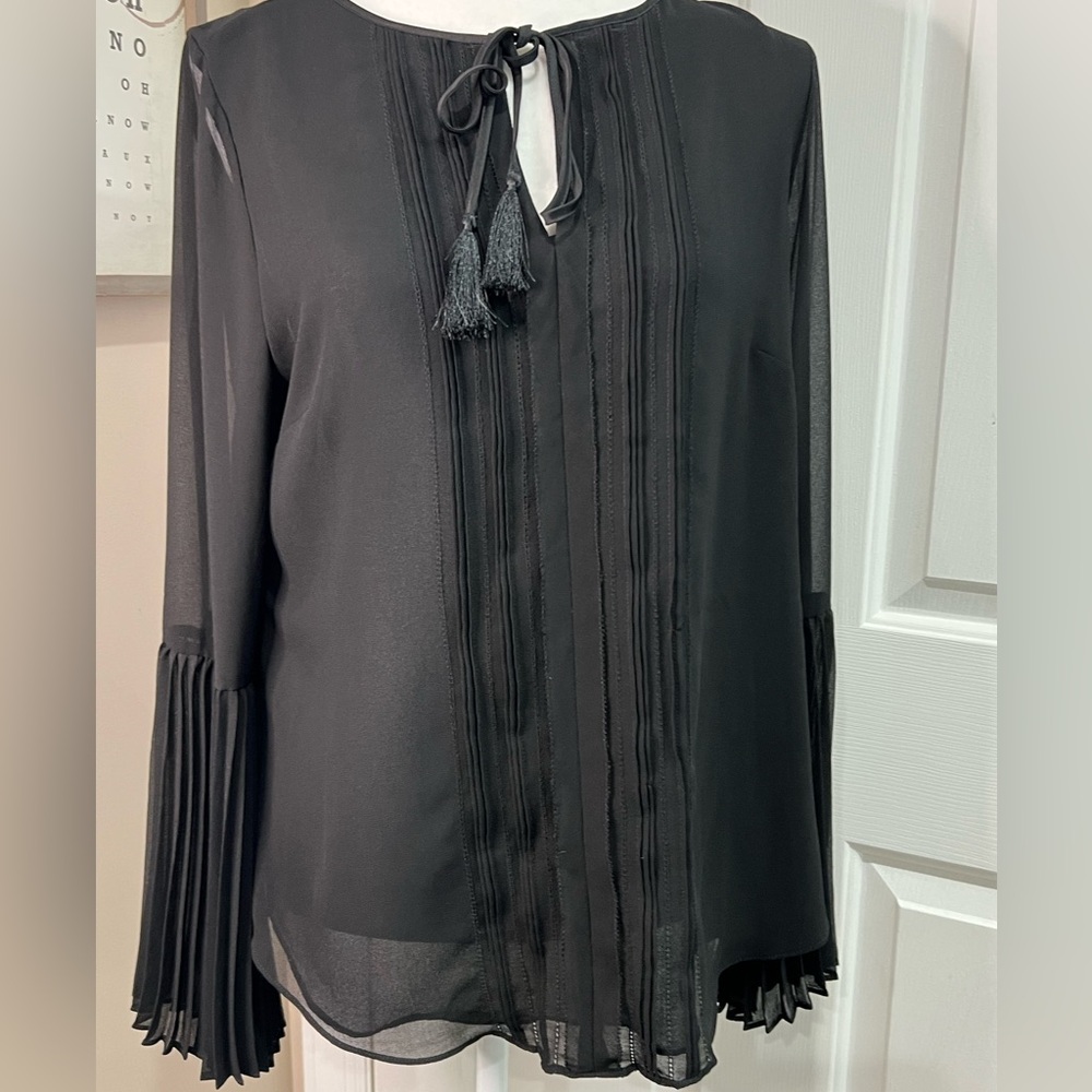 White House Black Market black semi sheer long sleeve pleated tassel blouse 10